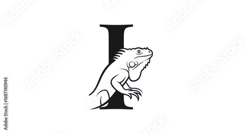 Black Letter I with White Iguana Illustration, Animal Alphabet Design.