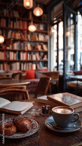 Cozy cafe with books and coffee in the afternoon