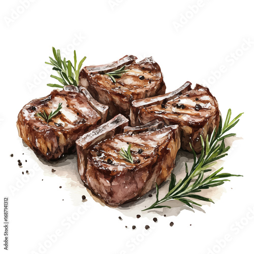 Lamb Chops, watercolor clipart vector, isolated on a white background.