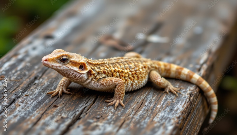 Naklejka premium bearded dragon relaxing on a weathered wooden plank
