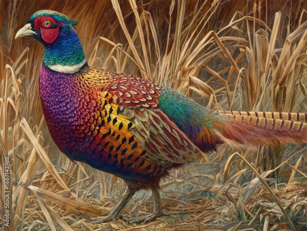 Fototapeta premium An Autumn Field Of Stubble With A Regal Pheasant