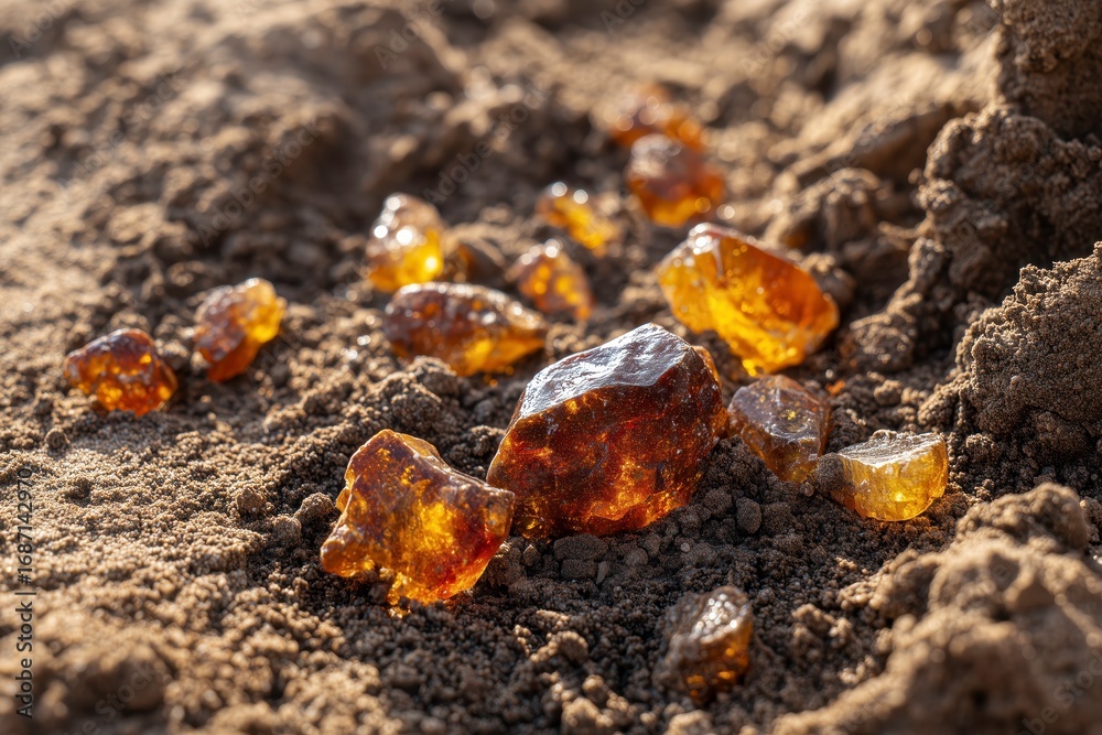 Fototapeta premium Raw Amber Stones on Sand in Natural Light for Jewelry Inspiration and Earth Element Concepts