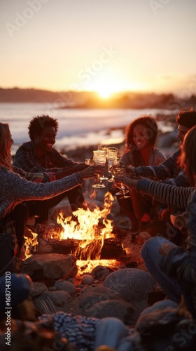 Friends enjoy a beach bonfire at sunset gathering