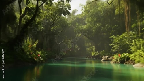 Tropical Rainforest with Lush Trees and Calm River in Jungle Landscape