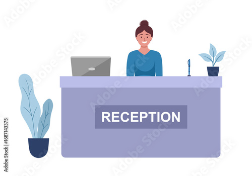 Reception desk with customer at reception on isolated background, Receptionist hotel, vector illustration.