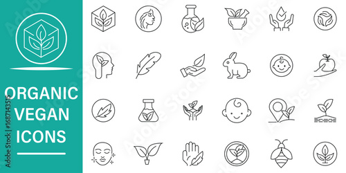Organic vegan icon set. Set of 24 icons related to cruelty free, collagen, bee, rabbit, natural, vegan, probiotic, protein and more symbol collection. Editable stroke. Vector illustration.