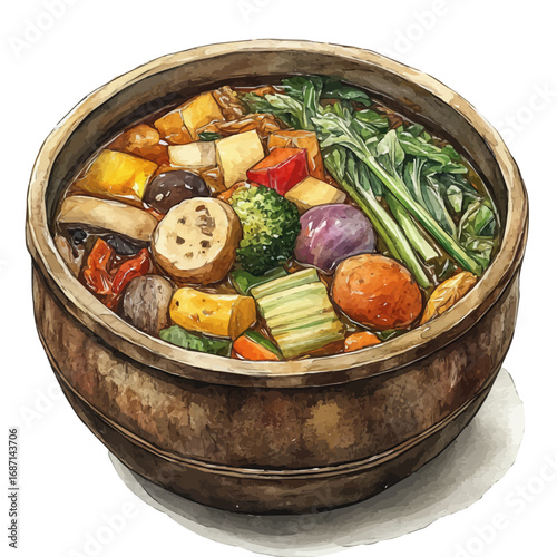Kimchi Stew, watercolor vector, isolated on a white background.