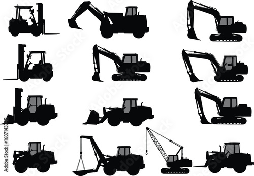 Silhouettes of construction vehicles including forklifts, excavators, loaders, cranes, and heavy machinery for industrial, building, and construction work sites