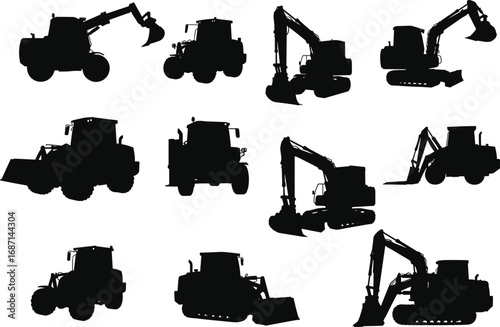 Silhouettes of construction vehicles, heavy machinery illustration set, tractors, excavators, loaders, perfect for industrial design, engineering, and vector art