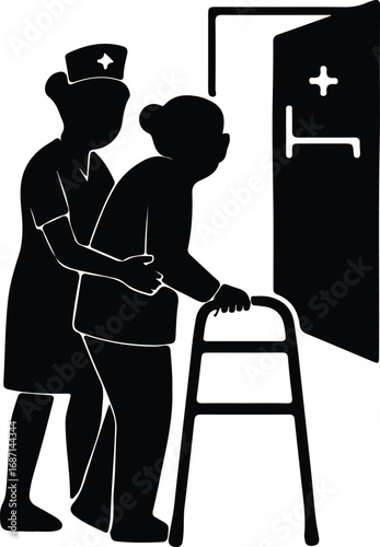 Vector Nurse assisting elderly woman with walker silhouette Illustrator