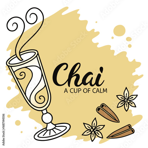Hand drawn illustration of a steaming glass of chai tea with spices