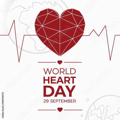 World heart day graphic with red geometric heart and electrocardiogram