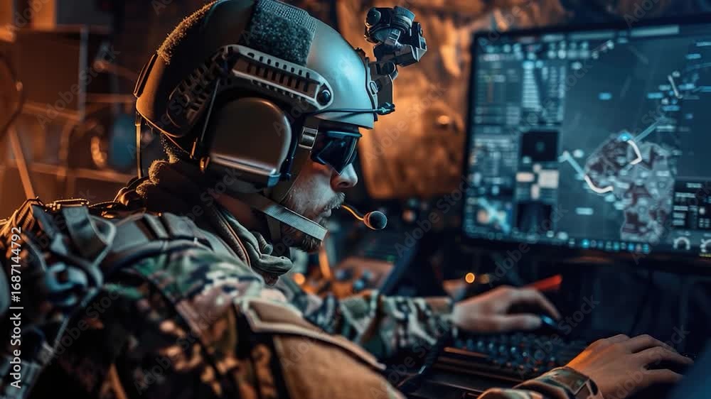 A military personnel sitting in front of a computer screen, possibly ...