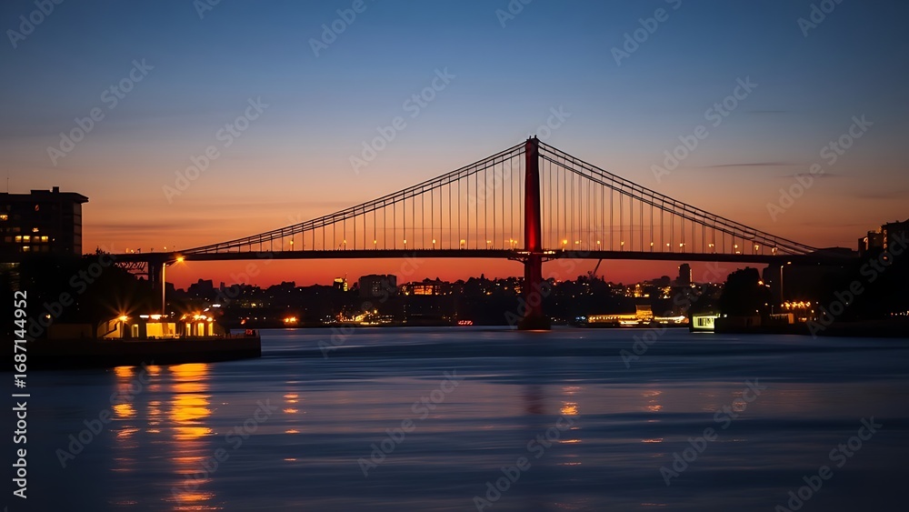 Fototapeta premium Silhouetted suspension bridge at dusk with city lights