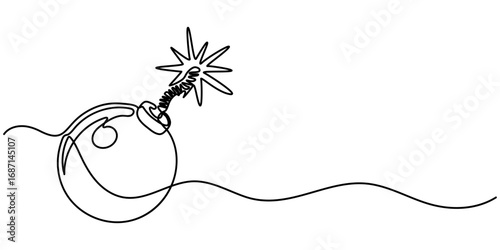 Bomb continuous one line drawing. Hand drawn one line vector. Editable stroke, Bomb with burning fuse in one Continuous line drawing, Bomb one line art, hand drawn military supply. 