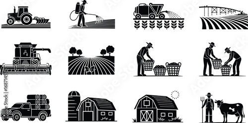 Agricultural farming activities including tractor plowing, spraying, harvesting, field work, fruit picking, barn storage, farmer with livestock and farm truck
