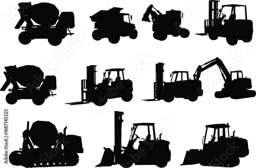 Silhouettes of heavy construction machinery including concrete mixer trucks, forklifts, excavators, bulldozers, and industrial vehicles for building and construction projects