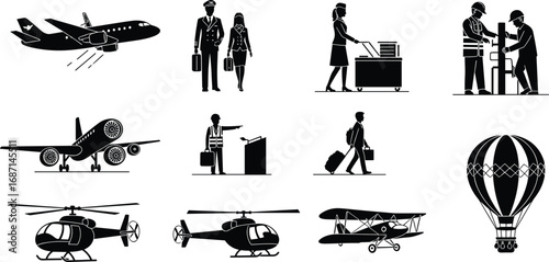Aviation vector icons, airplane, pilot, flight crew, passengers, airport workers, helicopter, hot air balloon, air travel illustration set