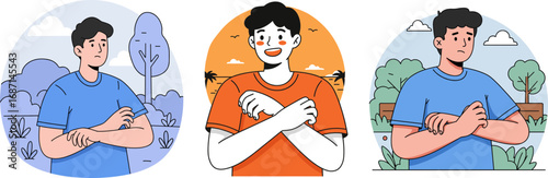 Young man expressing various emotions in outdoor settings  