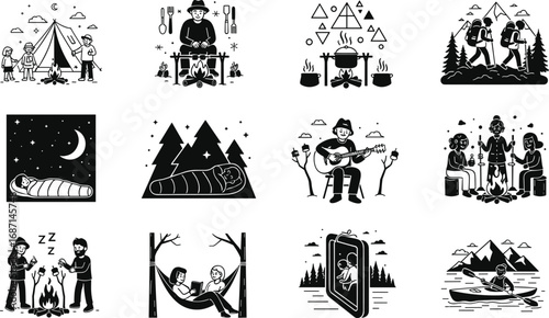 Camping adventure vector set, family outdoors, hiking, kayaking, campfire, cooking, hammock, stargazing, music, mountain travel, nature exploration