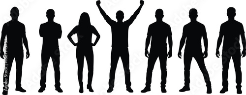 Group of people silhouettes, confident male and female figures, standing poses collection, teamwork concept, human body shapes, flat vector illustration