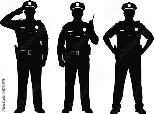 Police officer silhouettes in uniform, standing, saluting, and using radio, law enforcement poses collection, authority figure concept, flat vector illustration