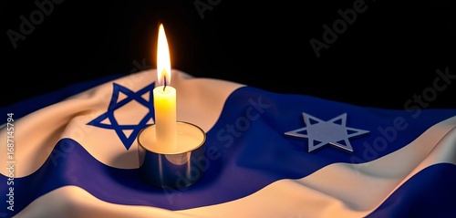 A burning candle and Israeli flag rest on a black surface, commemorating Holocaust Remembrance Day,   respect,  Israel
