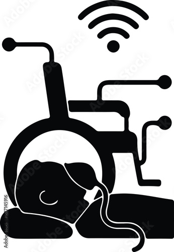 Vector Patient resting connected to medical monitoring wheelchair silhouette Illustrator