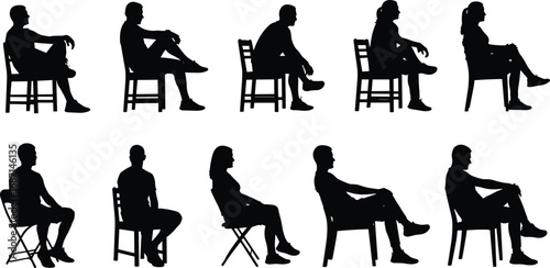 Silhouettes of diverse people sitting on chairs in various poses, relaxed and casual posture, black and white vector illustration
