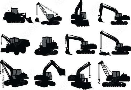 Silhouettes of heavy construction machinery including excavators, cranes, bulldozers, and loaders for industrial building and earthmoving projects