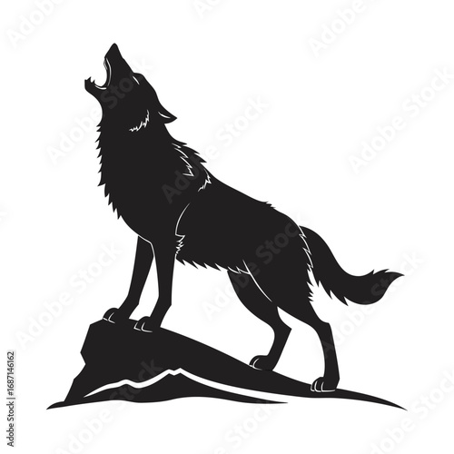 Silhouette of a wolf howling on a rocky outcrop