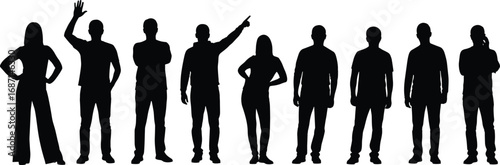 Silhouettes of diverse group of standing men and women in casual clothing, various confident poses, modern flat vector illustration on white background