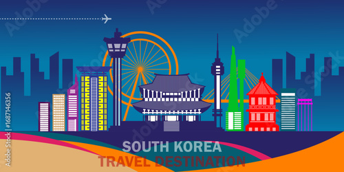 Colorful vector illustration of South Korea travel destination with modern skyline, traditional architecture, and iconic landmarks.