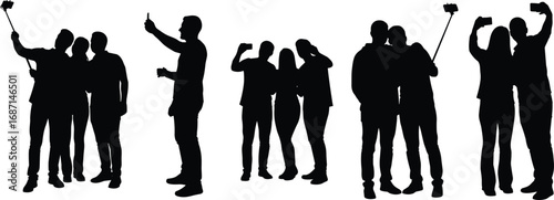 Group of people taking selfies silhouette vector, using smartphones and selfie sticks, capturing fun moments for social media and memories.