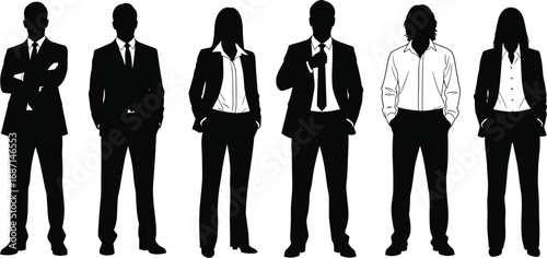 Silhouette of business people in formal clothing, men and women standing poses, professional outfit concept, flat vector illustration
