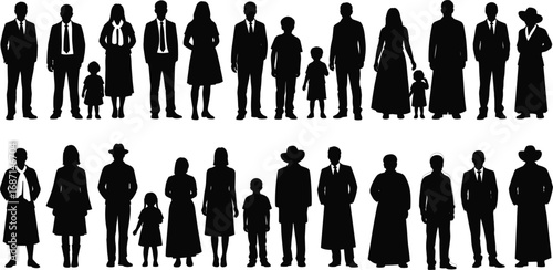 Silhouettes of diverse group people standing together, men women children in formal and casual attire, black and white flat vector illustration.