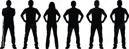 Silhouettes of seven people standing with hands on hips, casual clothing, diverse group, confident posture, black and white vector illustration.