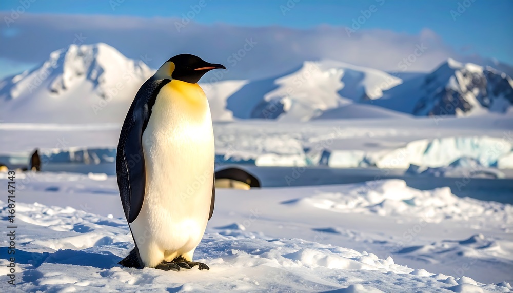 Fototapeta premium Emperor penguin on snowy Antarctic landscape