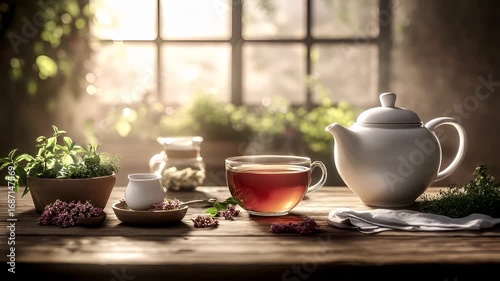 Wallpaper Mural A still life photograph featuring a wooden table with various items on it, including a teapot, a cup of tea, and a bowl of flowers. Torontodigital.ca
