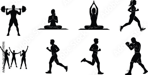 Fitness workout exercise illustration with yoga, running, boxing, weightlifting, group aerobics, and meditative wellness activities in silhouette style