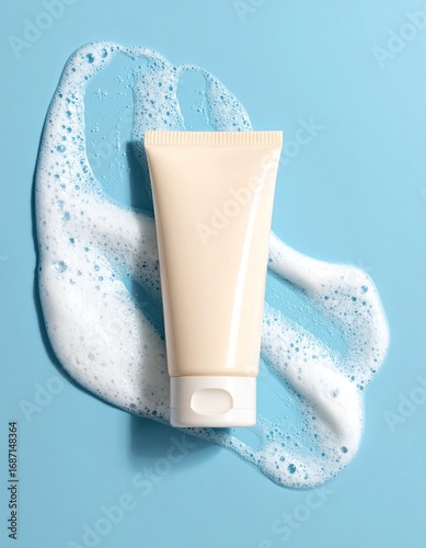 Tube of Cream on Foamy Backdrop, Mockup Product Shot of Face Wash on Light Blue Surface with Bubbles