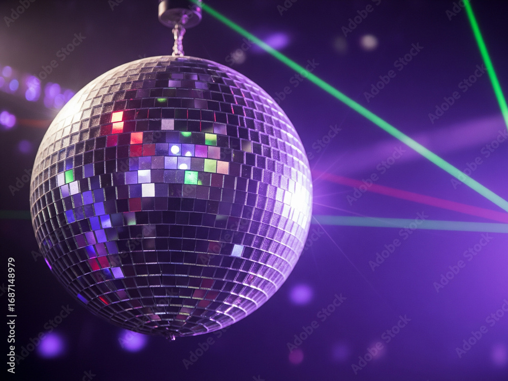 Obraz premium Boule disco à facettes en boite de nuit avec lumière lasers