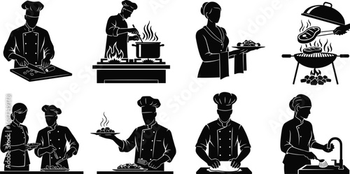 Professional chef and cooking illustration showing kitchen preparation, food serving, grilling, teamwork, and restaurant culinary process scenes