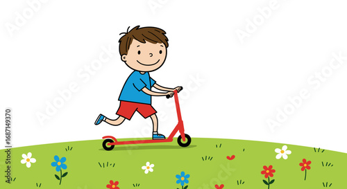 Young boy riding scooter happily through a flower-filled field  