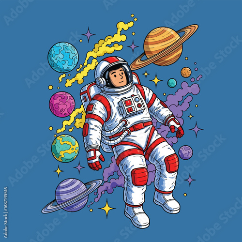 WebAdobe illustrator artwork vector illustration. A stylish astronaut in a detailed suit floats amidst colorful planets and swirling galaxies on a dark blue background. Perfect for a striking