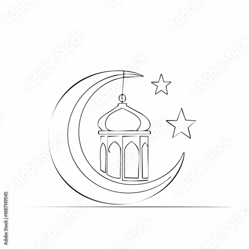 Continuous line drawing of ramadan kareem greeting card. lantern, moon and star islamic decoration