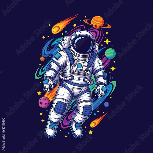 WebAdobe illustrator artwork vector illustration. A stylish astronaut in a detailed suit floats amidst colorful planets and swirling galaxies on a dark blue background. Perfect for a striking