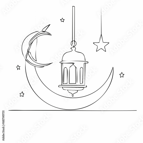 Continuous line drawing of ramadan kareem greeting card. lantern, moon and star islamic decoration