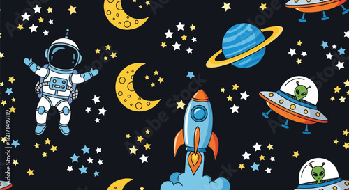 Adobe illustrator artwork vector illustration. A seamless vector pattern featuring cartoon astronauts, rockets, aliens in UFOs, planets, moons, and stars on a dark background. Ideal for kids' fabric