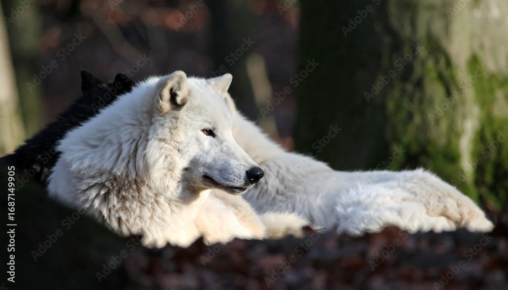Obraz premium Two wolves resting in a forest